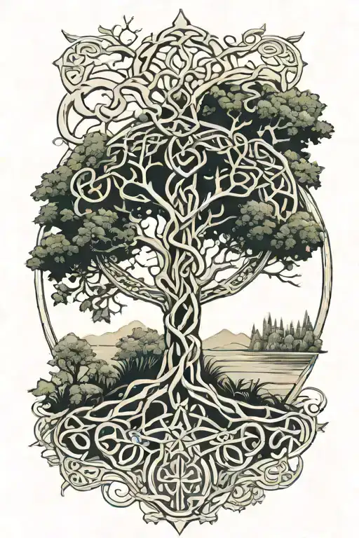 celtic kncross, forest scene, tree of life tattoo design tattoo design idea
