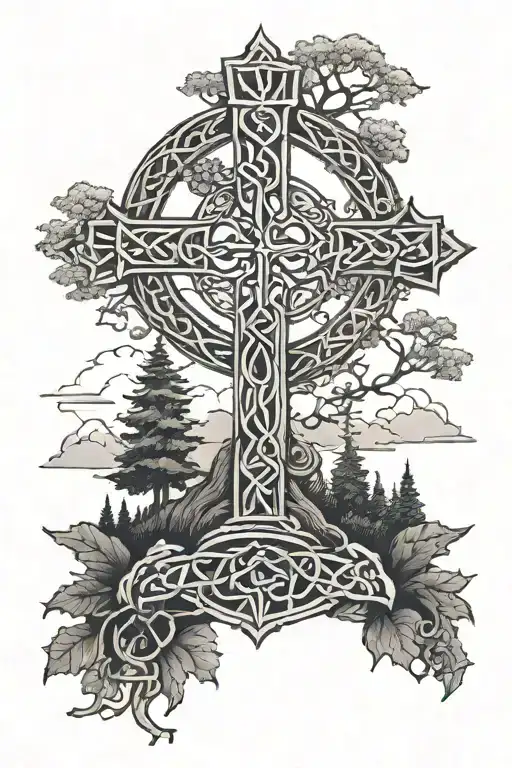 celtic cross forest landscape tattoo design idea