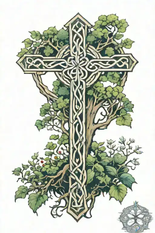 celtic knot cross, forest scene, tree of life tattoo tattoo design idea