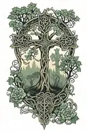 celtic cross, forest scene, tree of life tattoo tattoo design idea