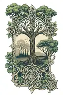 celtic cross, forest scene, tree of life tattoo tattoo design idea