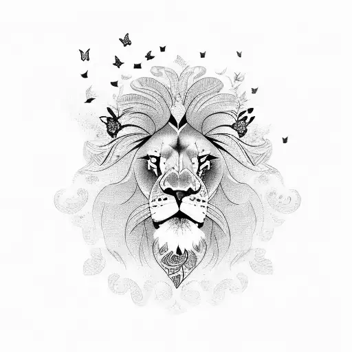 Lion with butterflies tattoo design idea