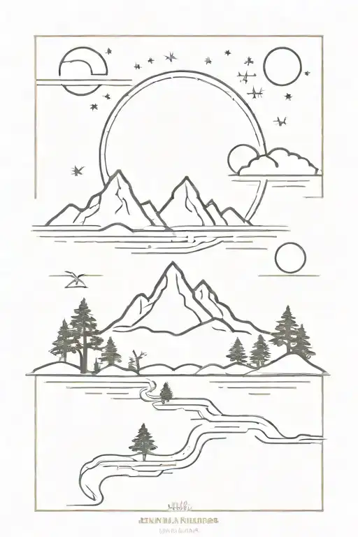 minimalist adventure tattoo with trees, water, mountains, sun moon. include the names William and Oliver in the design.  tattoo design idea