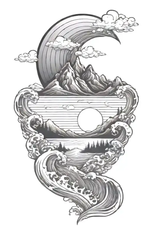healing mountain sunrise integrated with ocean waves tattoo design idea