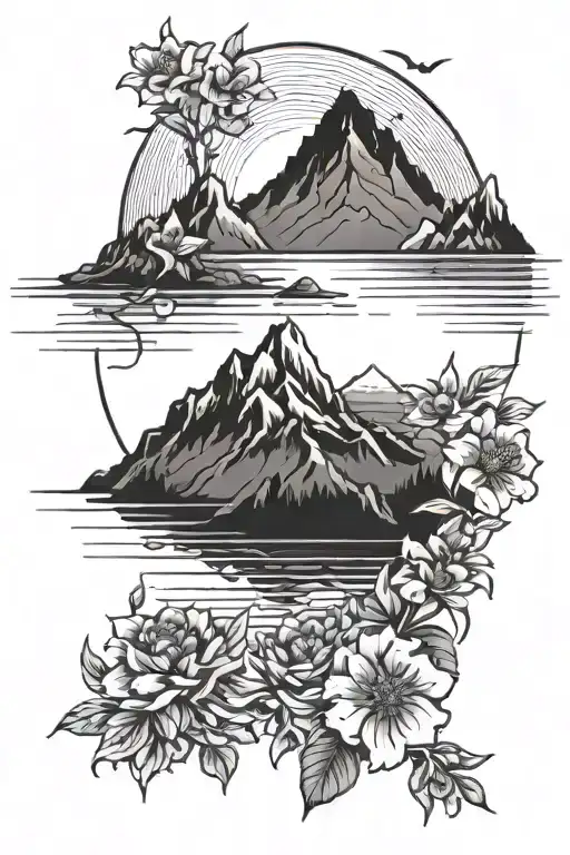 mountain, water, sunrise, ocean, flowers growing tattoo design idea