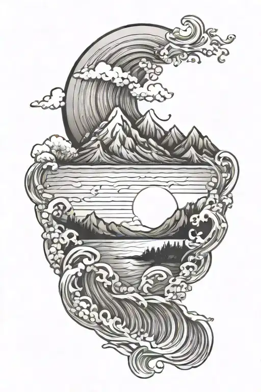 healing mountain sunrise integrated with ocean waves tattoo design idea