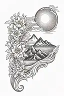 healing mountain sunrise integrated with ocean waves and flowers  tattoo design idea
