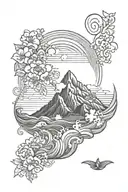 healing mountain sunrise integrated with ocean waves and flowers  tattoo design idea