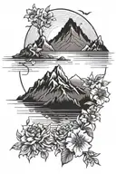 mountain, water, sunrise, ocean, flowers growing tattoo design idea