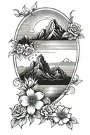 mountain, water, sunrise, ocean, flowers growing tattoo design idea