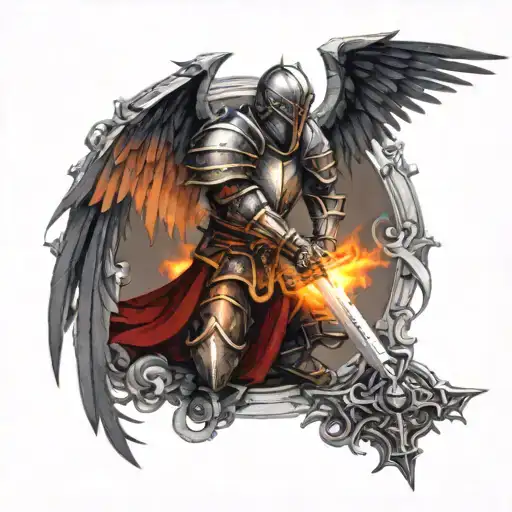A knight on his knees with a sword and wings tattoo design idea