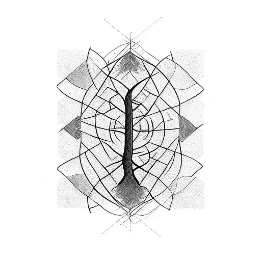 A geometric tattoo of a tree with roots spreading into a labyrinth, representing the complex relationship between nature and psychology tattoo design idea