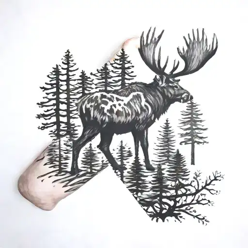 Forearm tattoo with a moose, great horned owl, pine trees in black and white realistic tattoo design idea