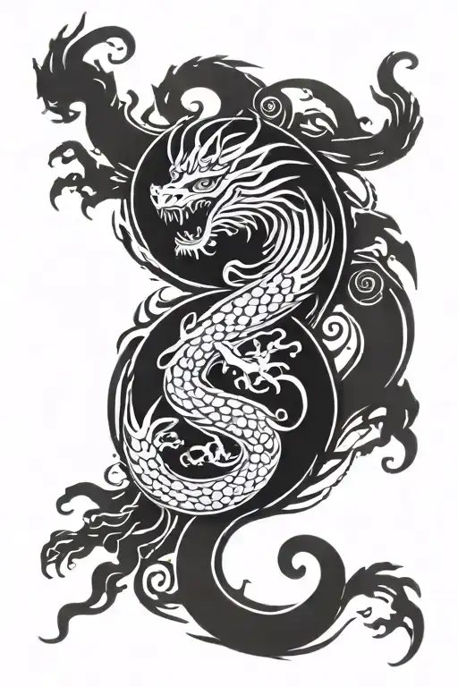 yin yang symbol fused with a Chinese dragon and a mixture of suminagashi tattoo design idea