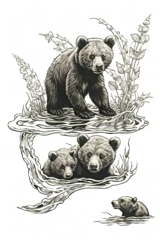 best looking into water 2 bear cubs looking back  tattoo design idea