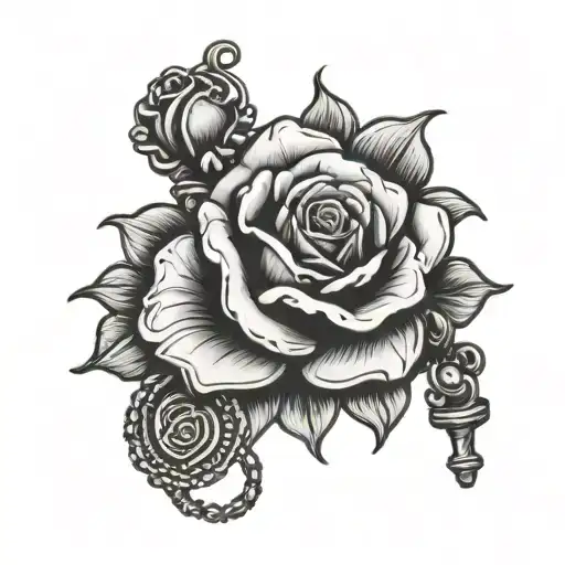 rose, rosary beads with praying hands holding tattoo design idea