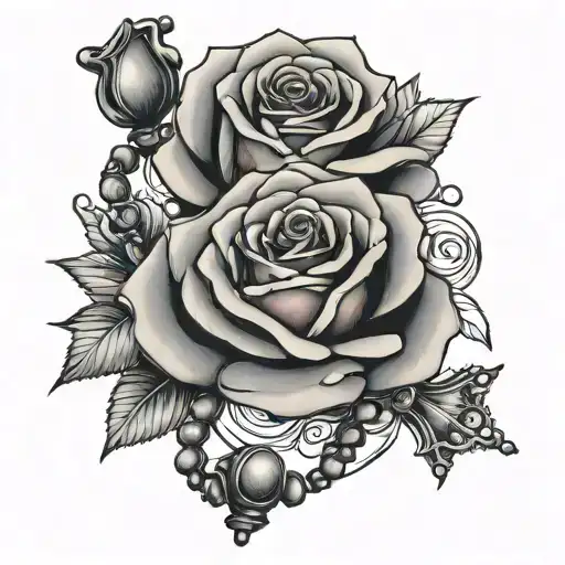 rose, rosary beads intertwined tattoo design idea