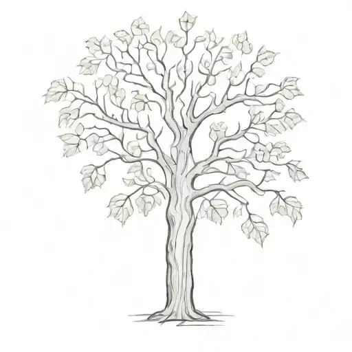 forked cottonwood tree w leaves black and white thick lines  tattoo design idea