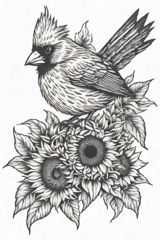 cardinal bird and sunflower surrounded tattoo design idea