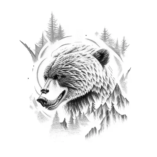 very fierce bear, eagle face, forest tattoo design idea