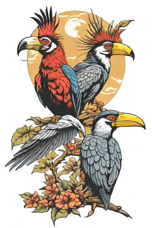 tribe hornbill couple and manta ray floating with alpha wolf and moon tattoo design idea