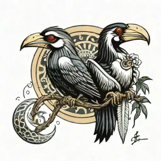 tribe hornbill couple and manta ray floating with alpha wolf and moon tattoo design idea