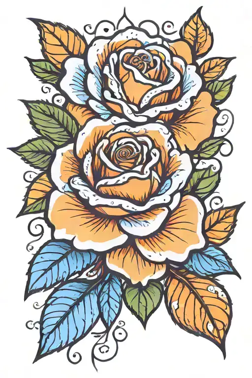 neo-traditional style rose blue with orange splashes, 5 green leaves and one yellow star in the center/ tattoo design idea
