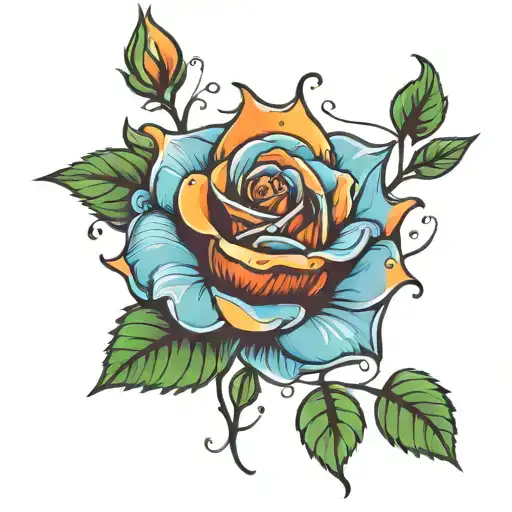 neo-traditional style rose blue with orange splashes, 5 green leaves and one yellow star in the center/ tattoo design idea