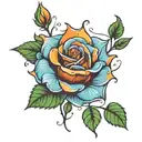 neo-traditional style rose blue with orange splashes, 5 green leaves and one yellow star in the center/ tattoo design idea
