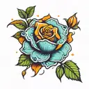 neo-traditional style rose blue with orange splashes, 5 green leaves and one yellow star in the center/ tattoo design idea