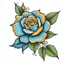 neo-traditional style rose blue with orange splashes, 5 green leaves and one yellow star in the center/ tattoo design idea