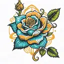 neo-traditional style rose blue with orange splashes, 5 green leaves and one yellow star in the center/ tattoo design idea