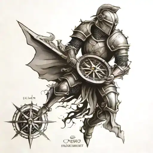 3d compass , knight. , war scene tattoo design idea