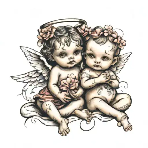TWIN BABY GIRL ANGELS  WITH NUMBER 11/12/23 tattoo design idea