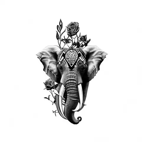 an elephant's head with skull and roses & romat time tattoo design idea
