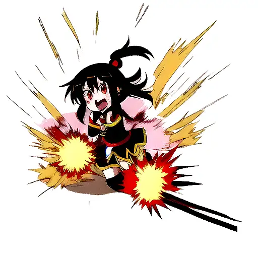 megumin from Konosuba, explosion, realistic, red eyes tattoo design idea