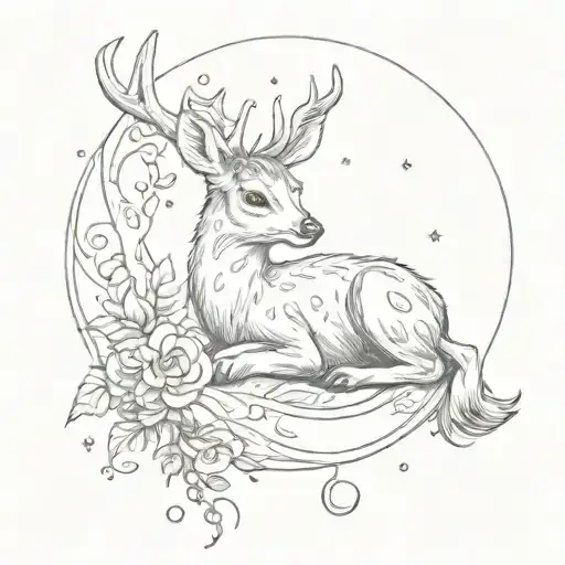 peaceful baby deer resting on a crescent moon tattoo design idea