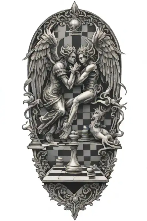 angel and demon  chess board tattoo design idea