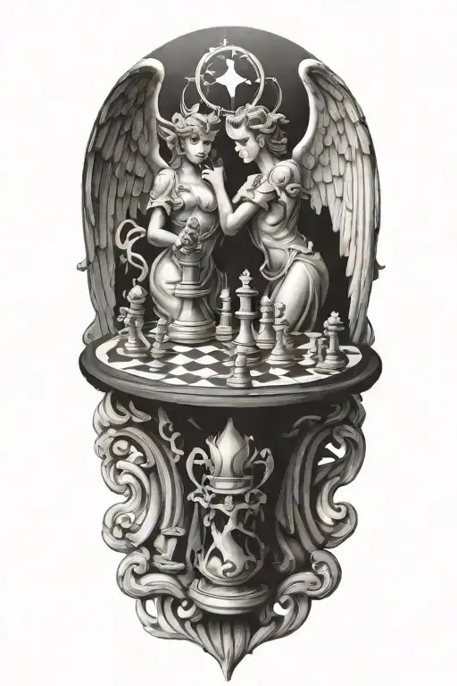 angel and demon  chess board tattoo design idea
