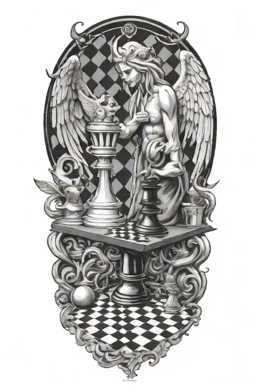 angel and demon  chess board tattoo design idea