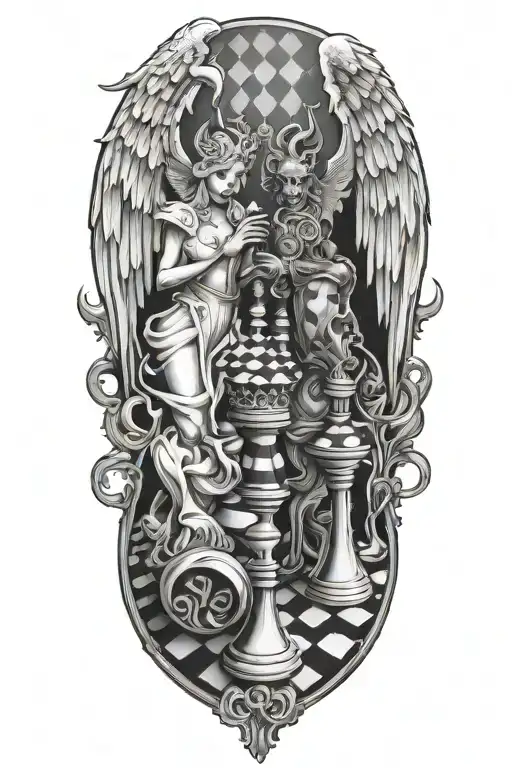 angel and demon  chess board tattoo design idea