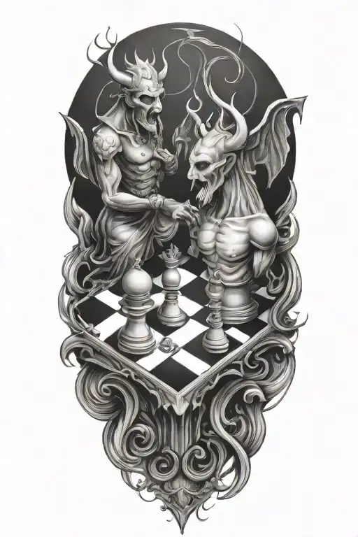 god and devil chess board tattoo design idea