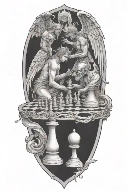 angel and demon  chess board tattoo design idea