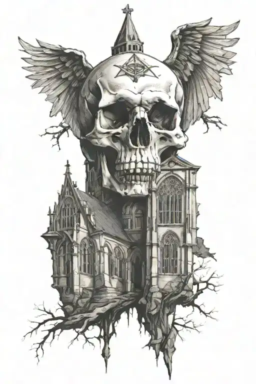 Skull with gothic church at night tattoo design idea