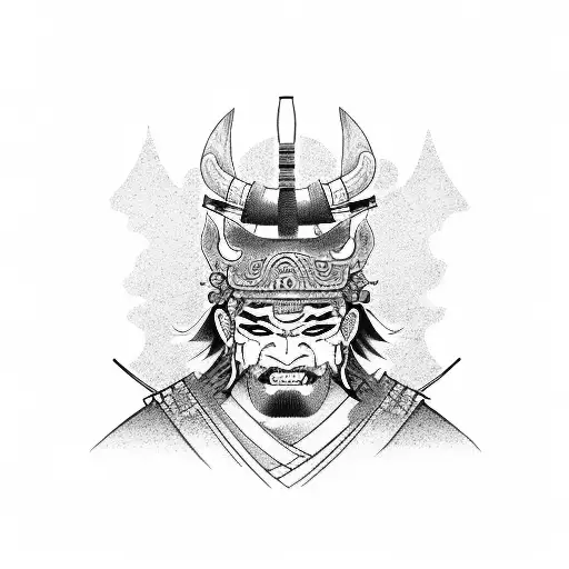 complete samurai with half oni mask and a japanese castle in the background tattoo design idea