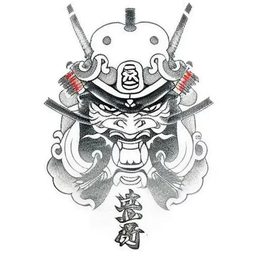 complete samurai with half oni mask and a japanese castle in the background tattoo design idea
