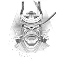 complete samurai with half oni mask and a japanese castle in the background tattoo design idea