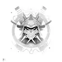 complete samurai with half oni mask and a japanese castle in the background tattoo design idea