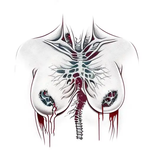 Pin up of a zombie girl smoking a cigarette with smoke coming out of her rib cage tattoo design idea