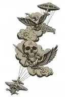 create a tacp tattoo with a ranger tab that reads ROMAD and incorporate parachutes and planes tattoo design idea